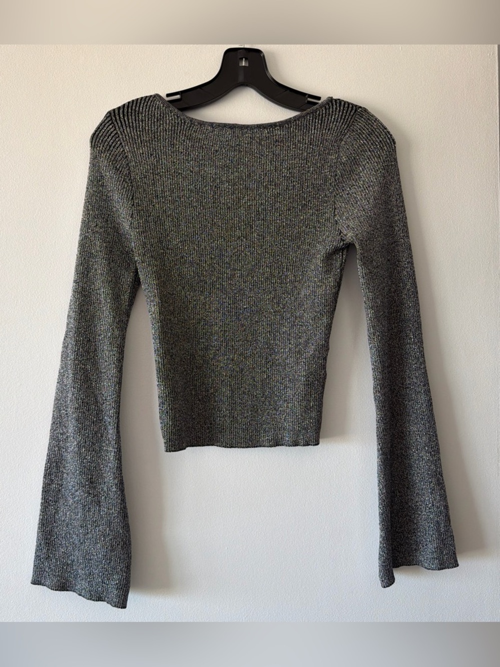 H&M Divided Silver Metallic Ribbed Knit Flare Sleeve Low Scoop Open Back Top M